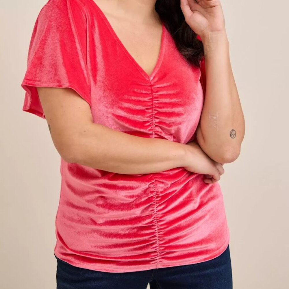 NWOT Torrid Pink Tea Berry  Stretch Velvet Shirred-Front Flutter Sleeve Top 2 2X